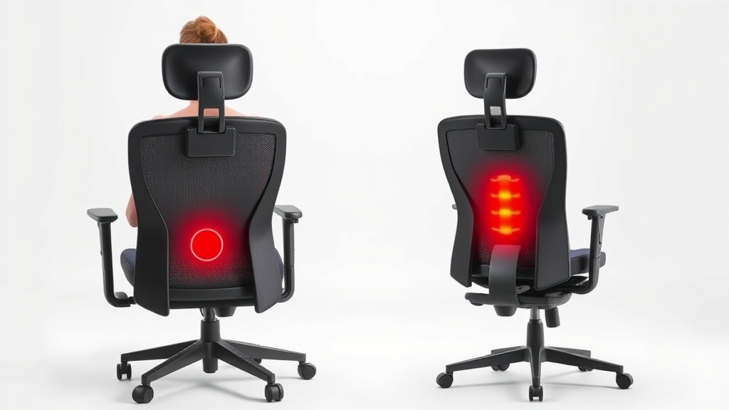 잘못된 요추 지지대 위치로 인해 허리 통증을 느끼며 구부정한 자세로 앉아 있는 사용자의 모습