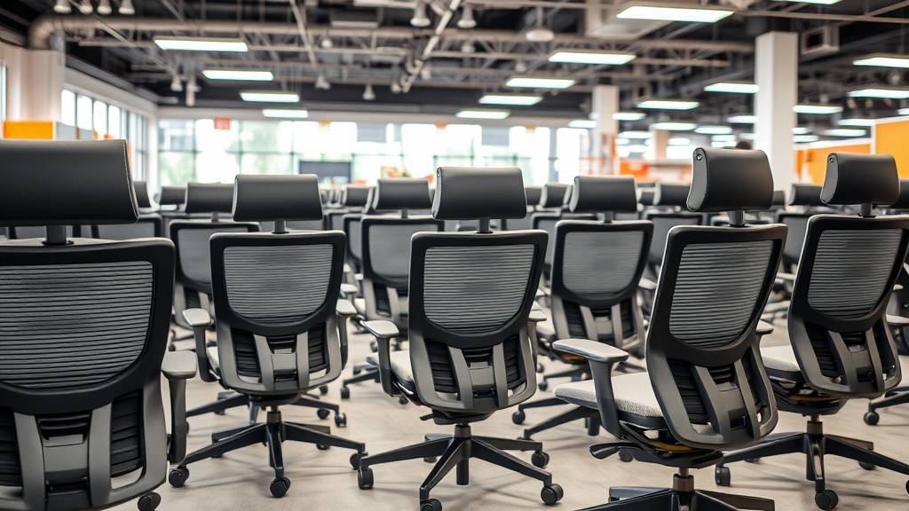 다양한 등받이 소재와 형태를 가진 사무용 의자들이 매장에 나란히 배치된 모습