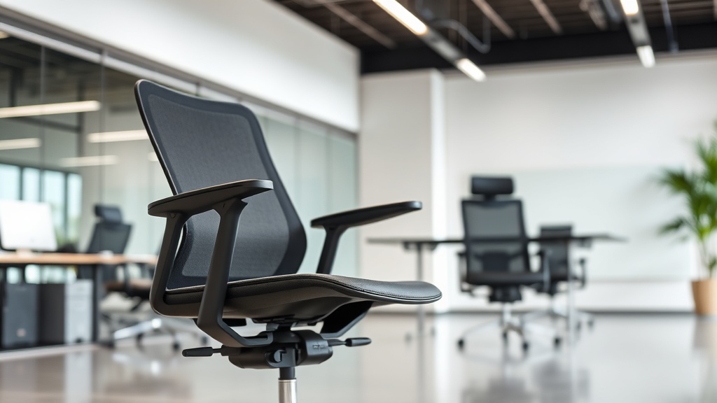 메쉬와 가죽 소재가 혼합된 하이브리드 의자가 배치된 현대적인 사무실 인테리어 전경